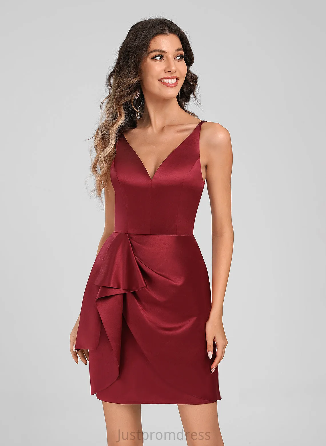 Dress Natasha Satin Club Dresses Ruffles Bodycon Short/Mini With Homecoming Cascading V-neck