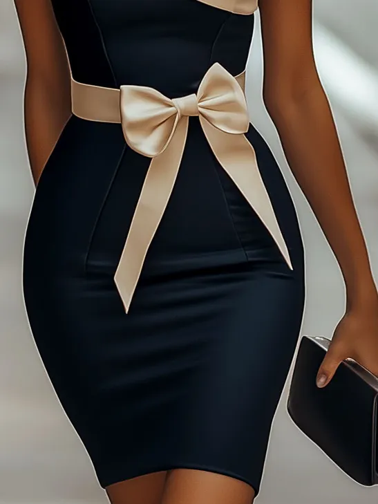 Elegant Off-shoulder Constract Waist Bow Bodycon Dress