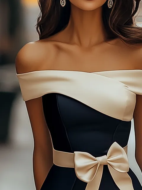 Elegant Off-shoulder Constract Waist Bow Bodycon Dress