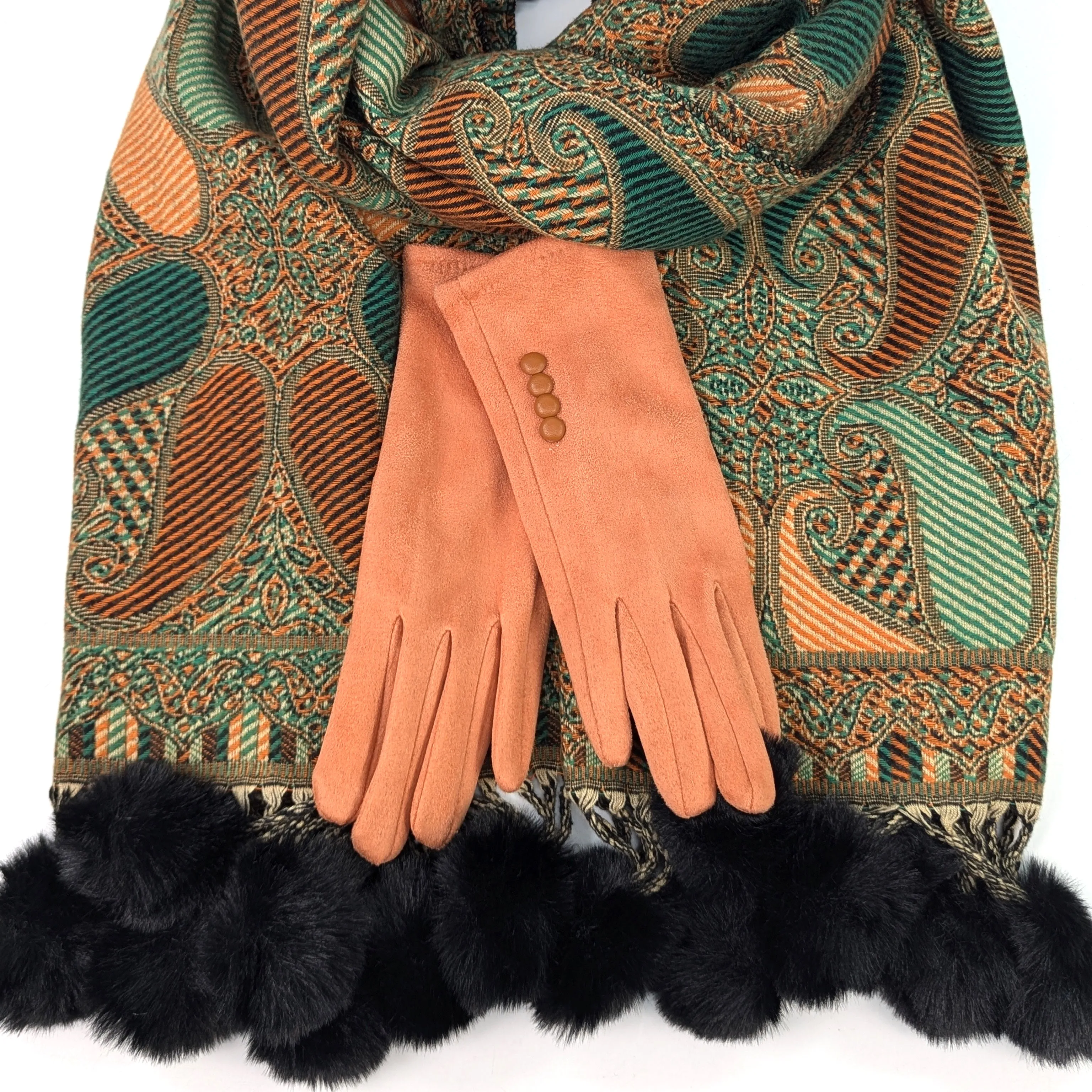 Emerald Gift Set - Green Pompom Scarf & Pumpkin Orange Gloves