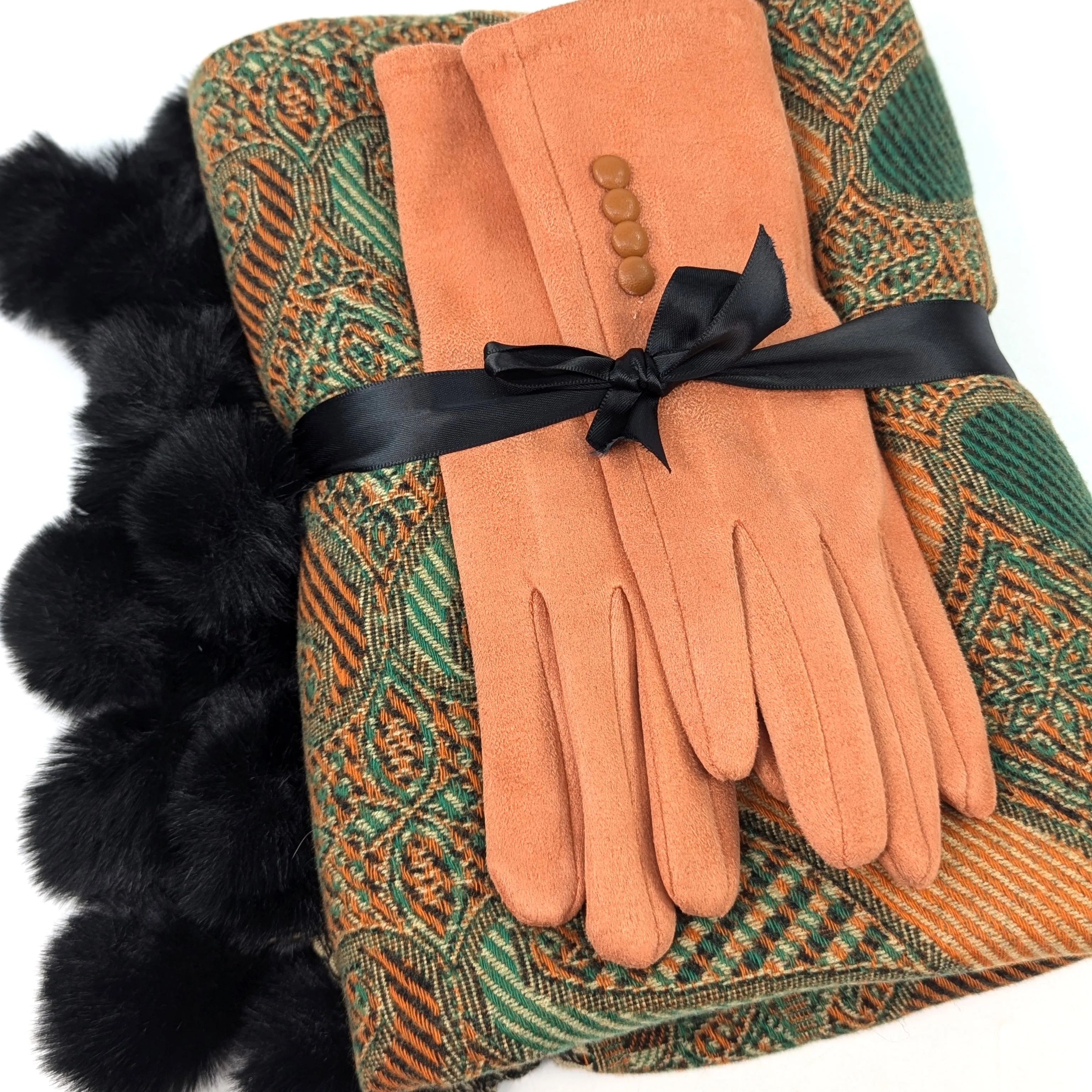 Emerald Gift Set - Green Pompom Scarf & Pumpkin Orange Gloves