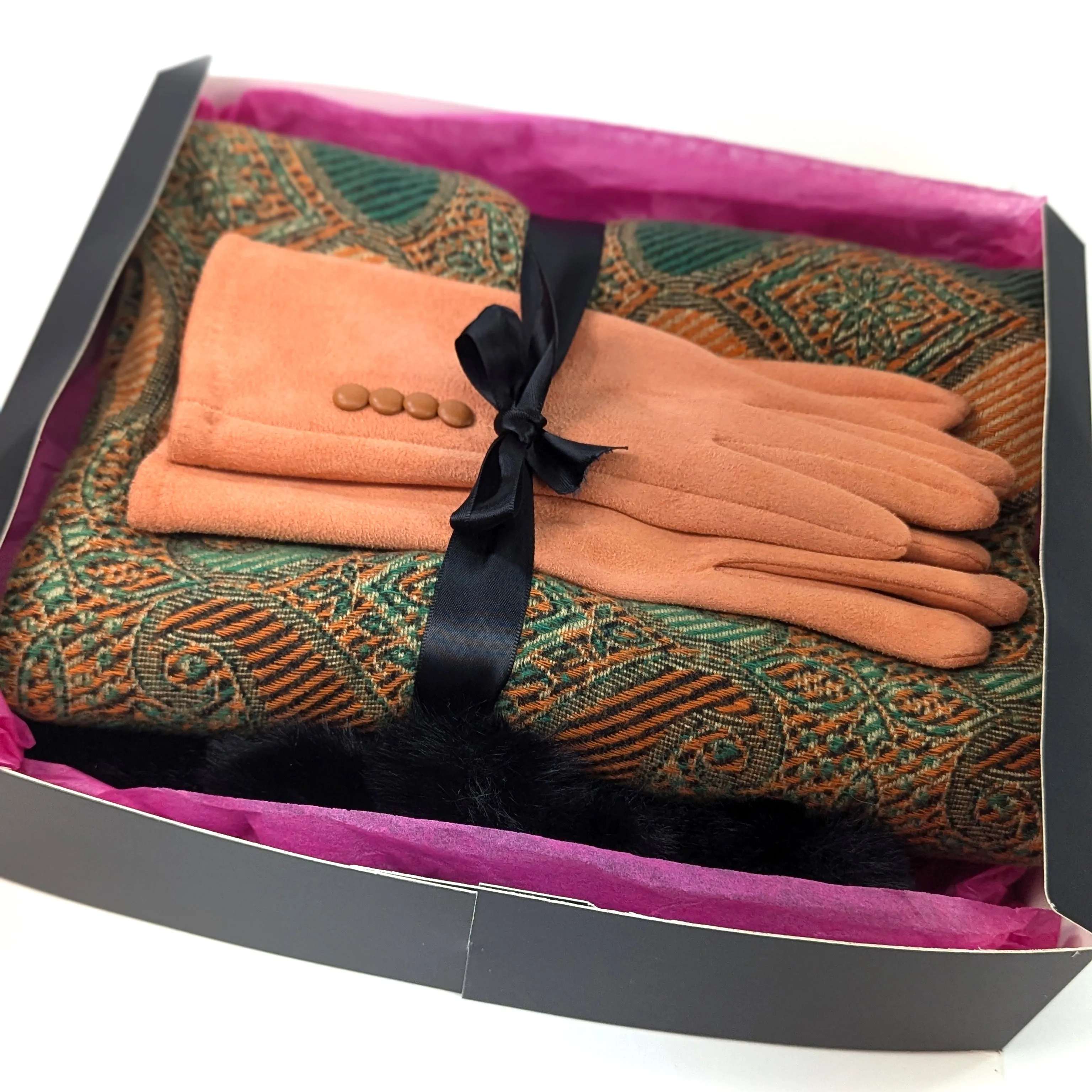 Emerald Gift Set - Green Pompom Scarf & Pumpkin Orange Gloves