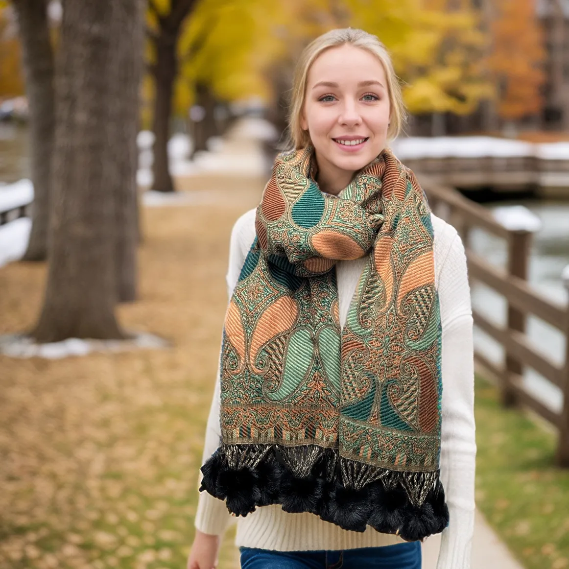 Emerald Gift Set - Green Pompom Scarf & Pumpkin Orange Gloves