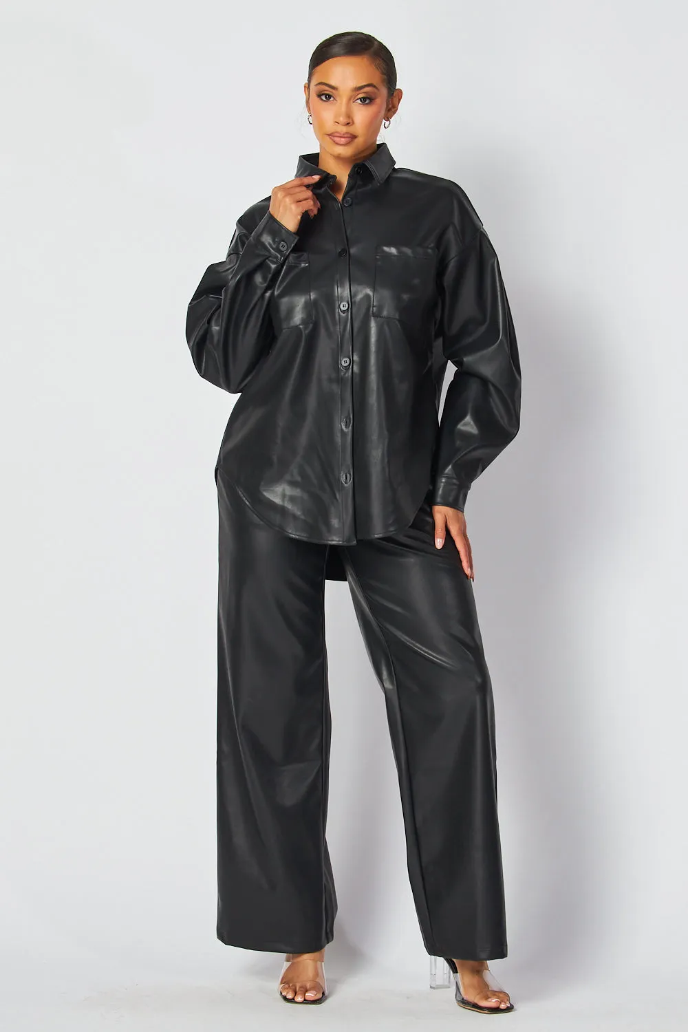 Emery Faux Leather Button Down Shirt & Pants Set
