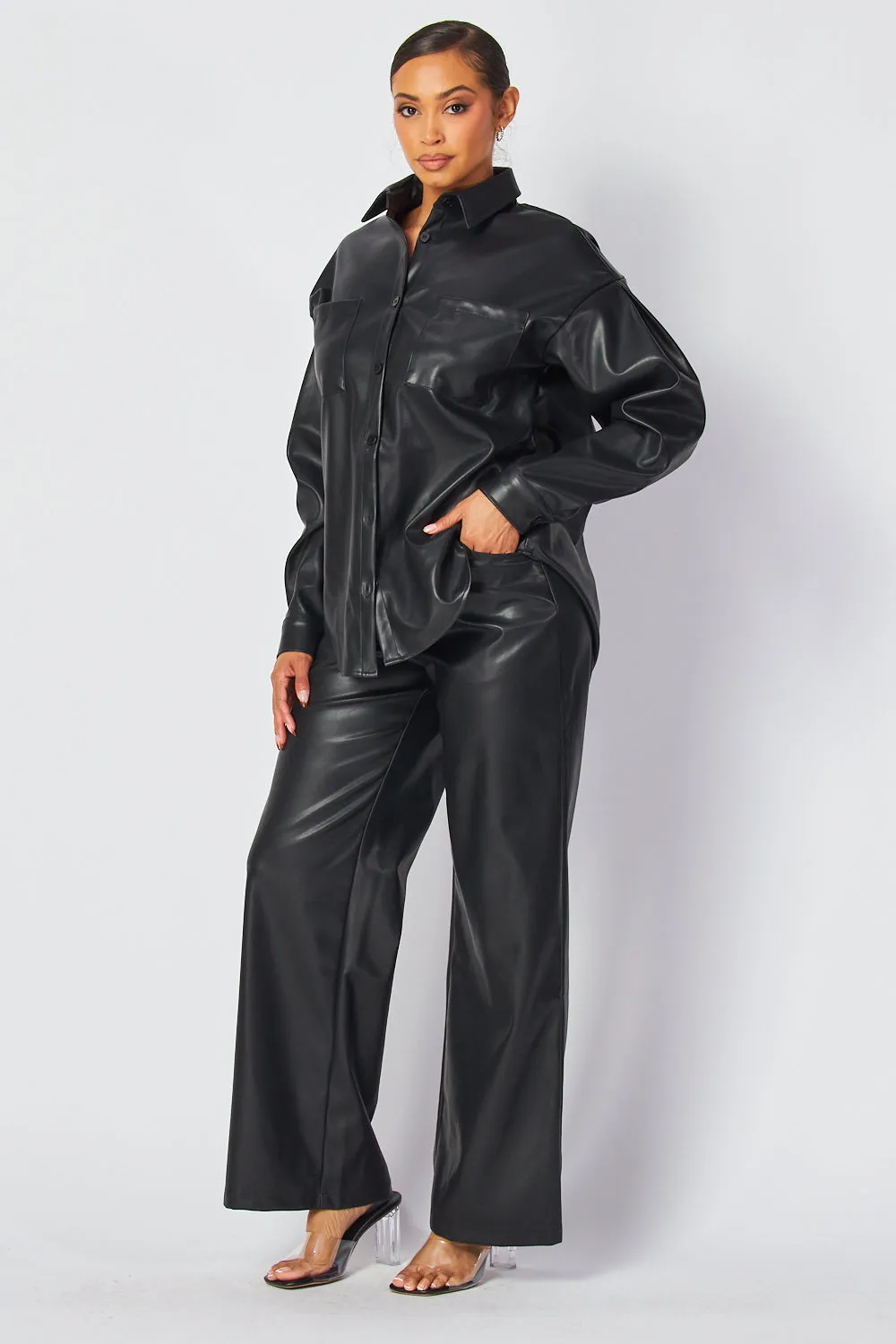Emery Faux Leather Button Down Shirt & Pants Set