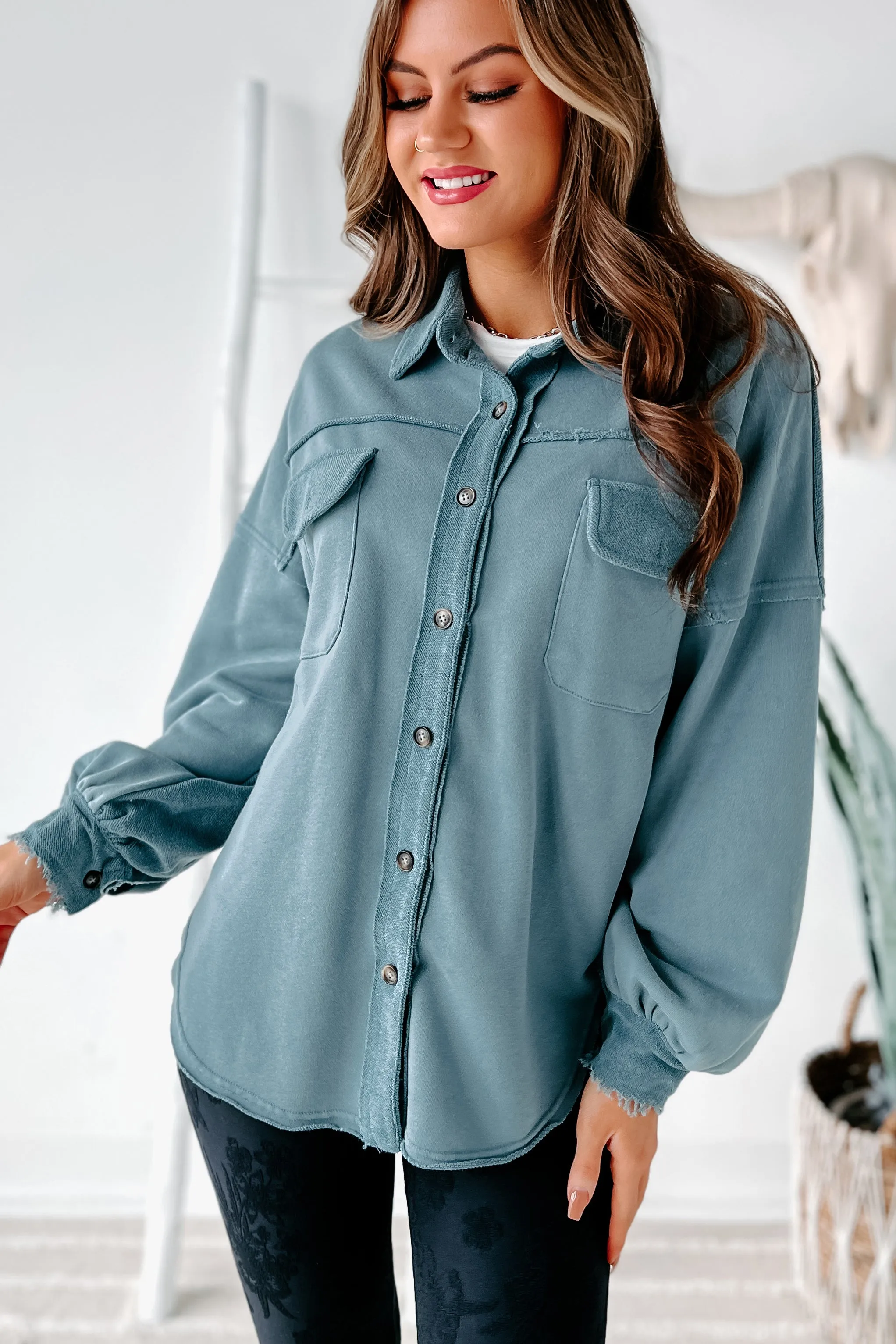 Evelina High-Low French Terry Shacket (Steel Blue)