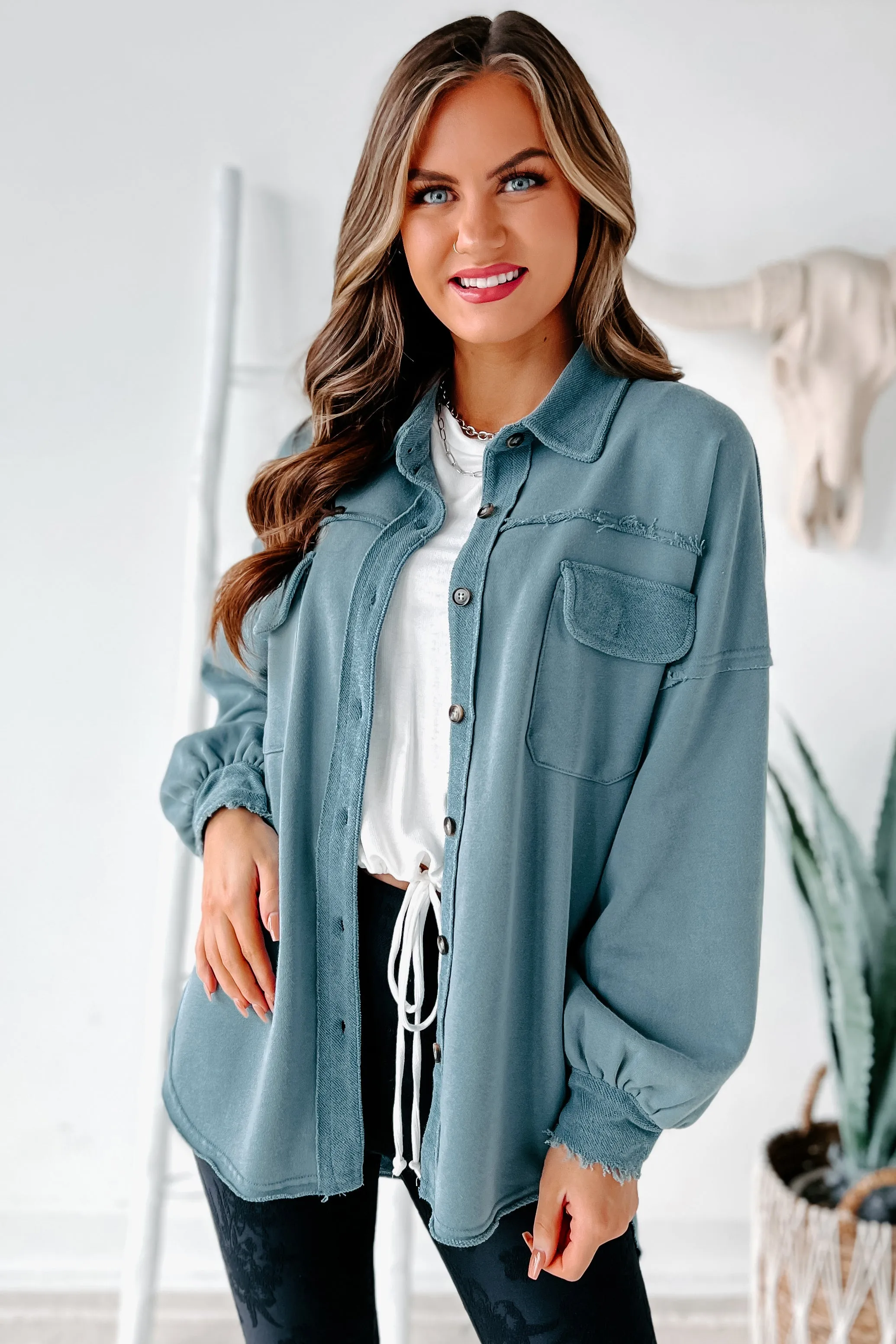 Evelina High-Low French Terry Shacket (Steel Blue)