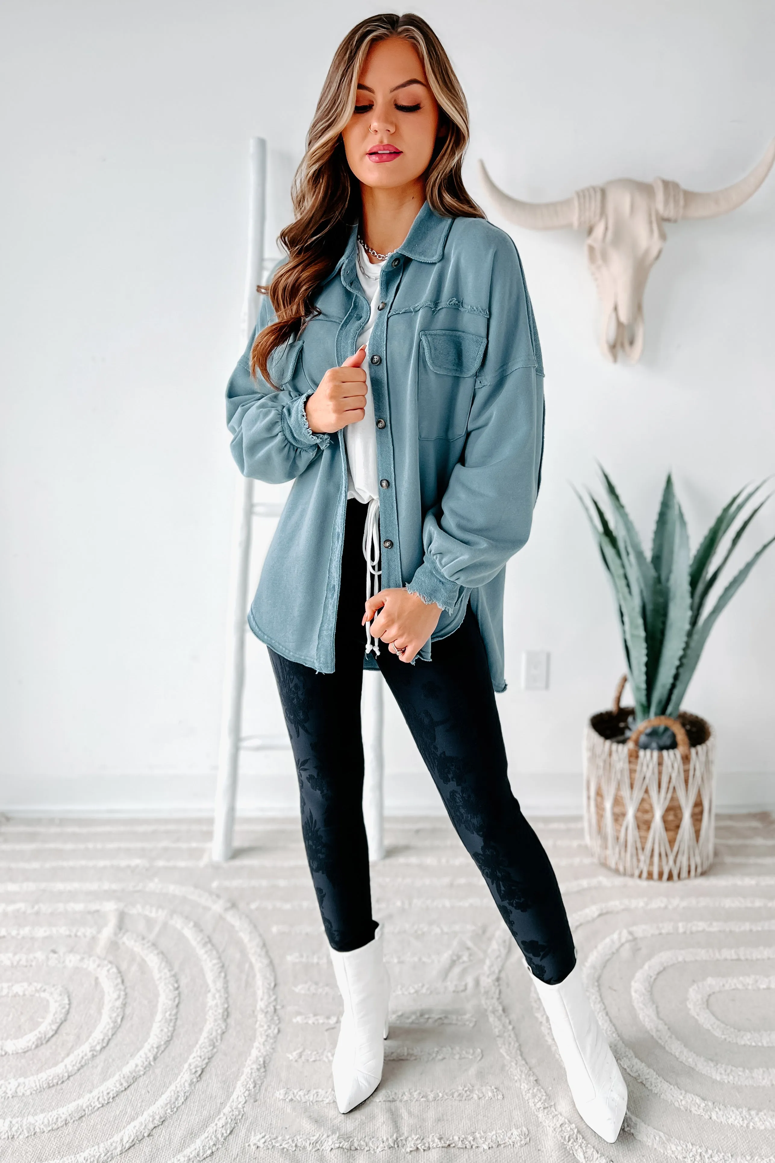 Evelina High-Low French Terry Shacket (Steel Blue)