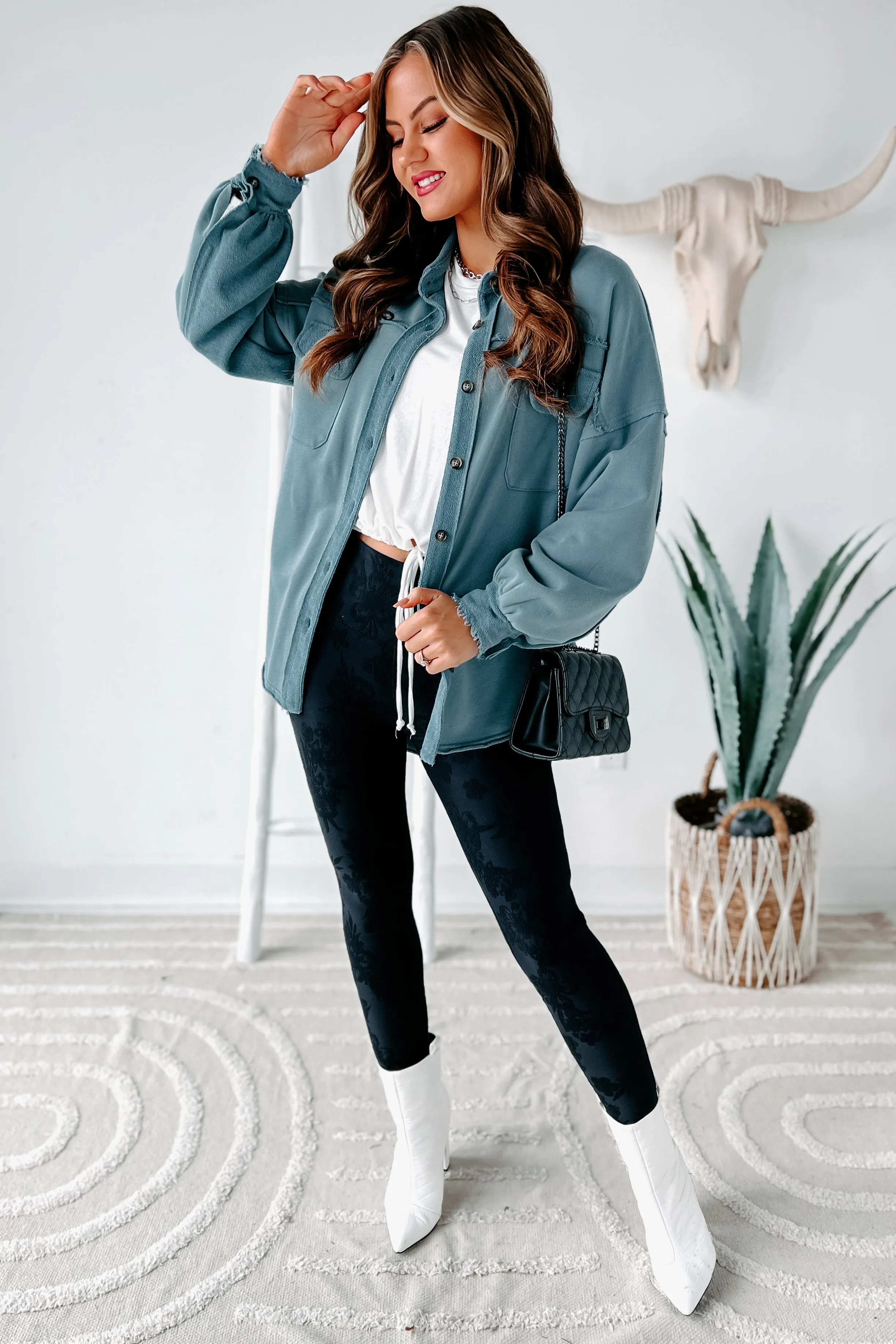 Evelina High-Low French Terry Shacket (Steel Blue)