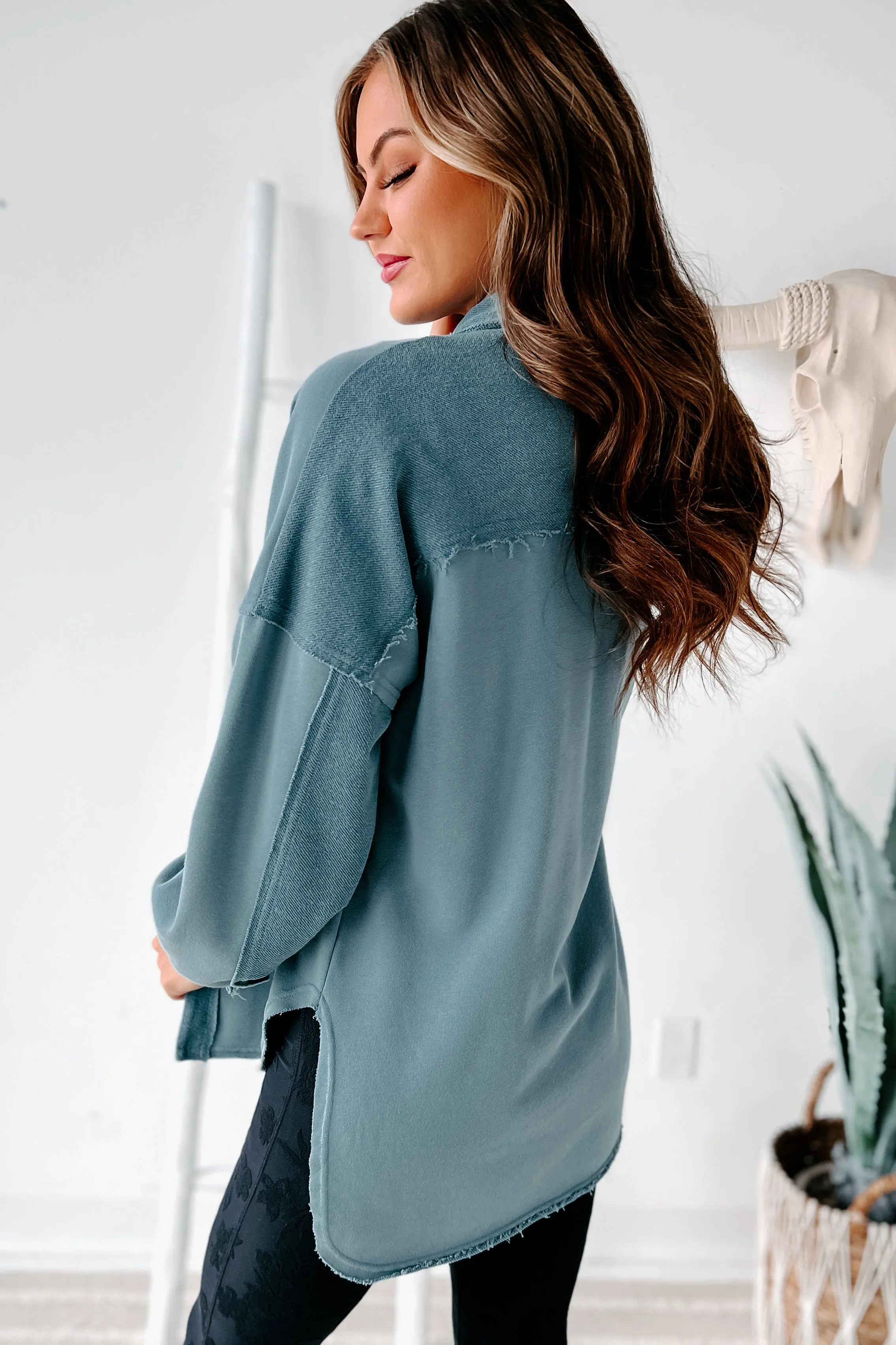 Evelina High-Low French Terry Shacket (Steel Blue)