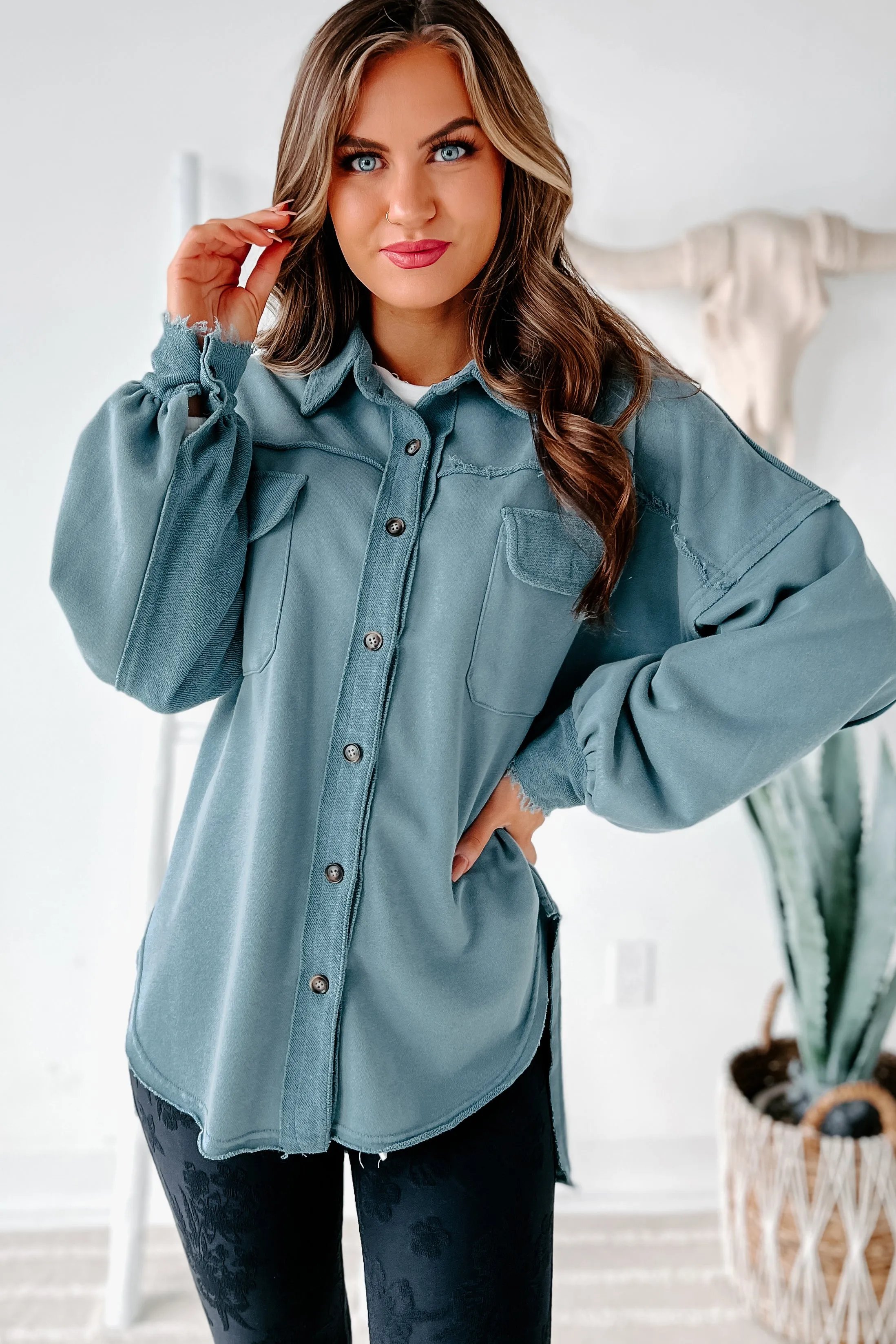 Evelina High-Low French Terry Shacket (Steel Blue)