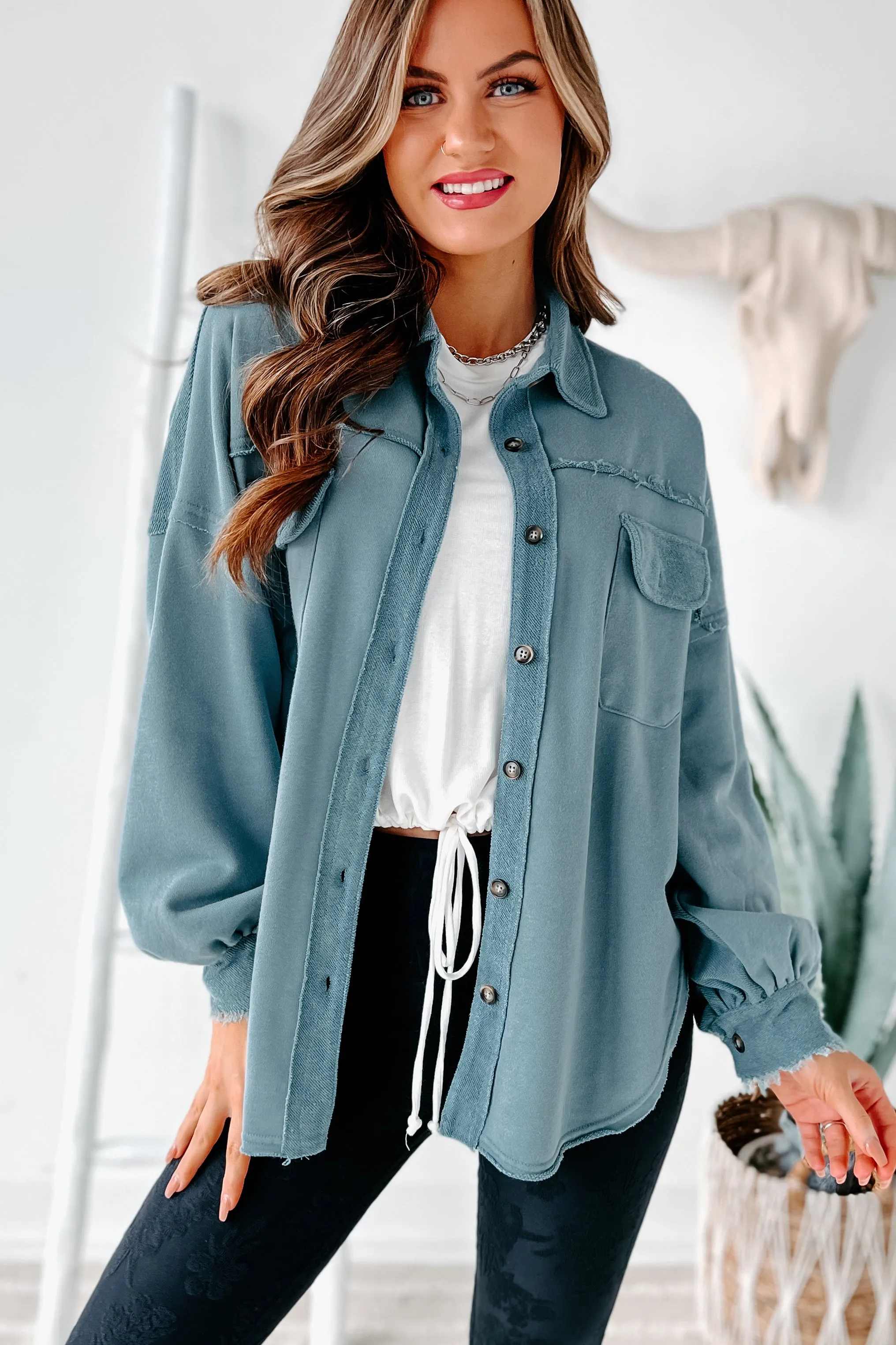 Evelina High-Low French Terry Shacket (Steel Blue)