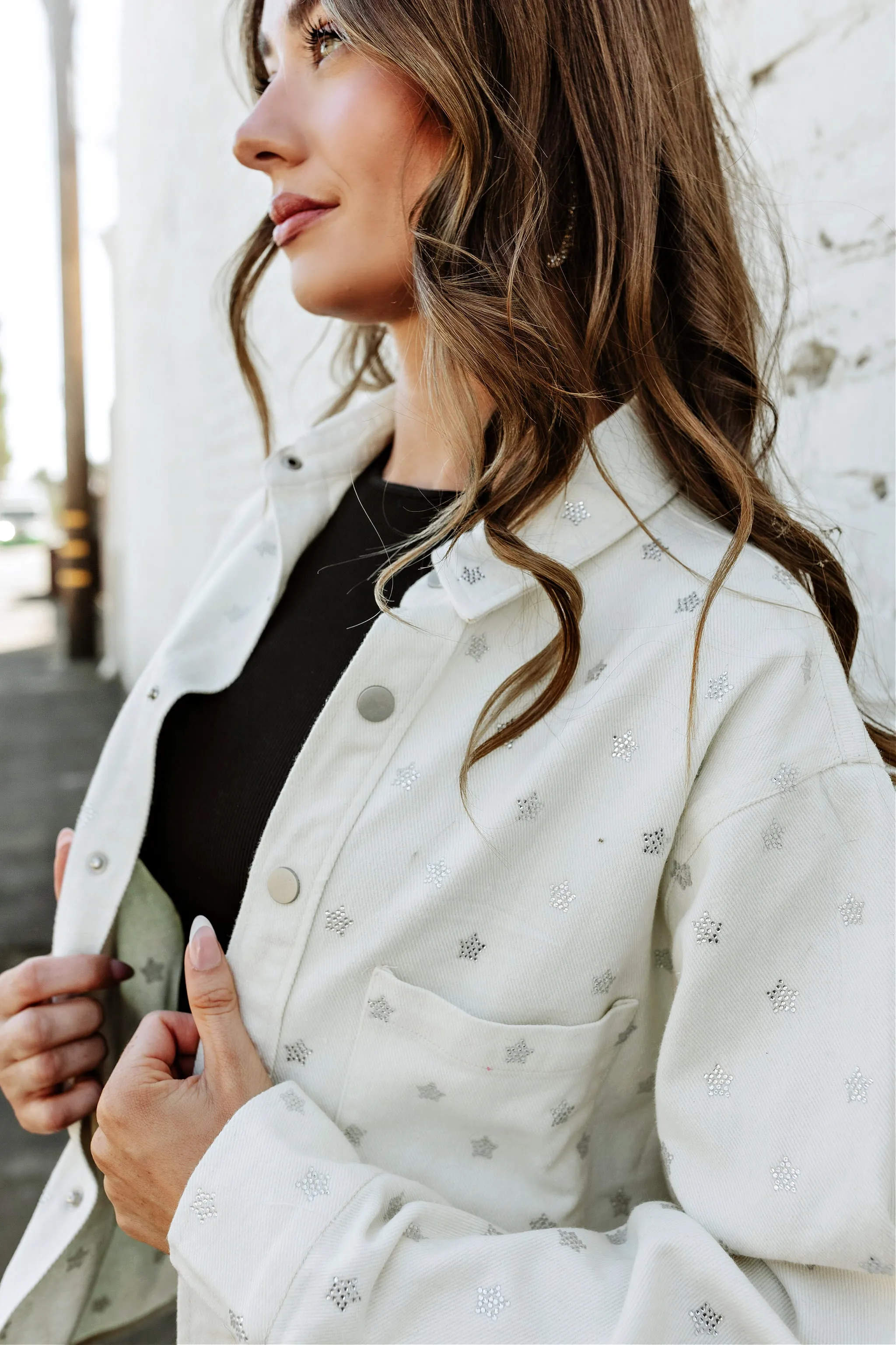 FINAL SALE! Crystal Star Denim Shacket in Off White