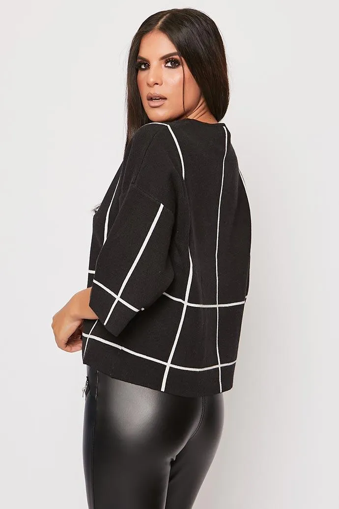 Fiona - Black Oversized Checked Cropped Jumper