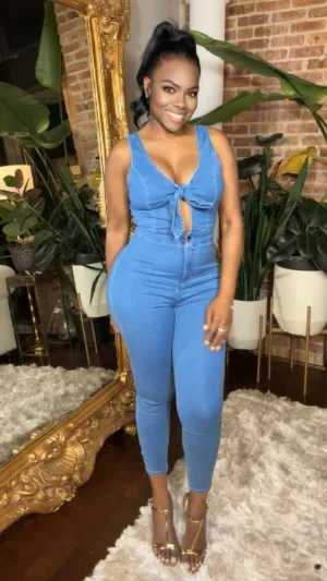 Front-Tie Denim Jumpsuit - Medium Wash