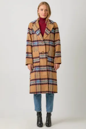 Fuzzy Plaid Long Coat Camel Mix