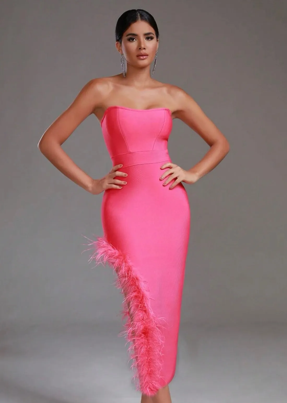 Fuzzy Trim Split Thigh Tube Bodycon Dress