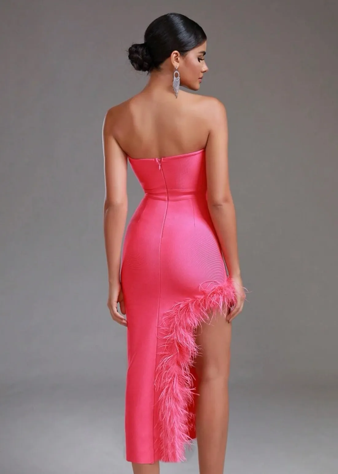 Fuzzy Trim Split Thigh Tube Bodycon Dress