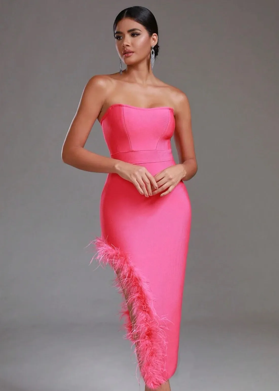 Fuzzy Trim Split Thigh Tube Bodycon Dress