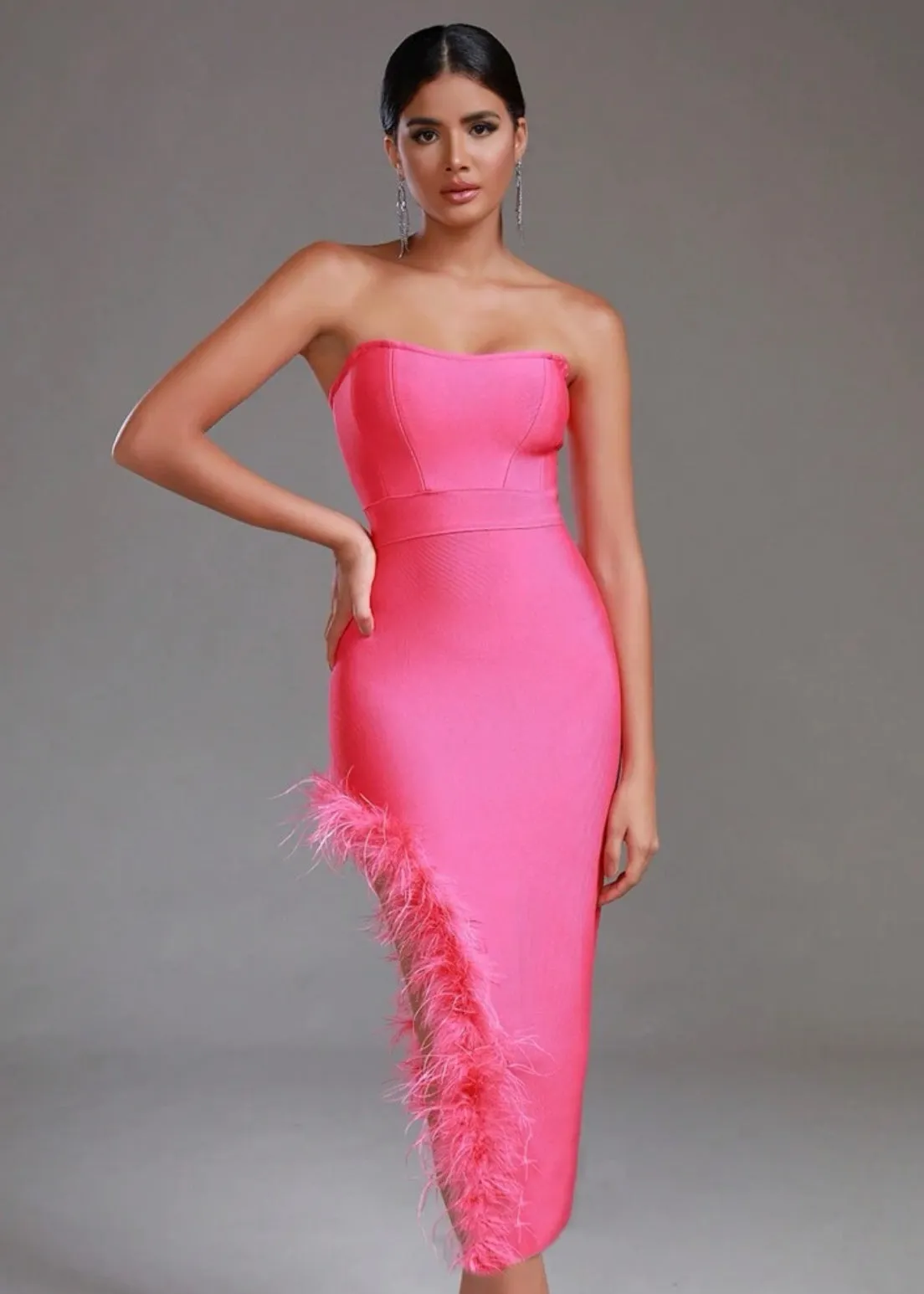 Fuzzy Trim Split Thigh Tube Bodycon Dress