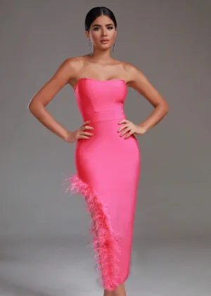 Fuzzy Trim Split Thigh Tube Bodycon Dress