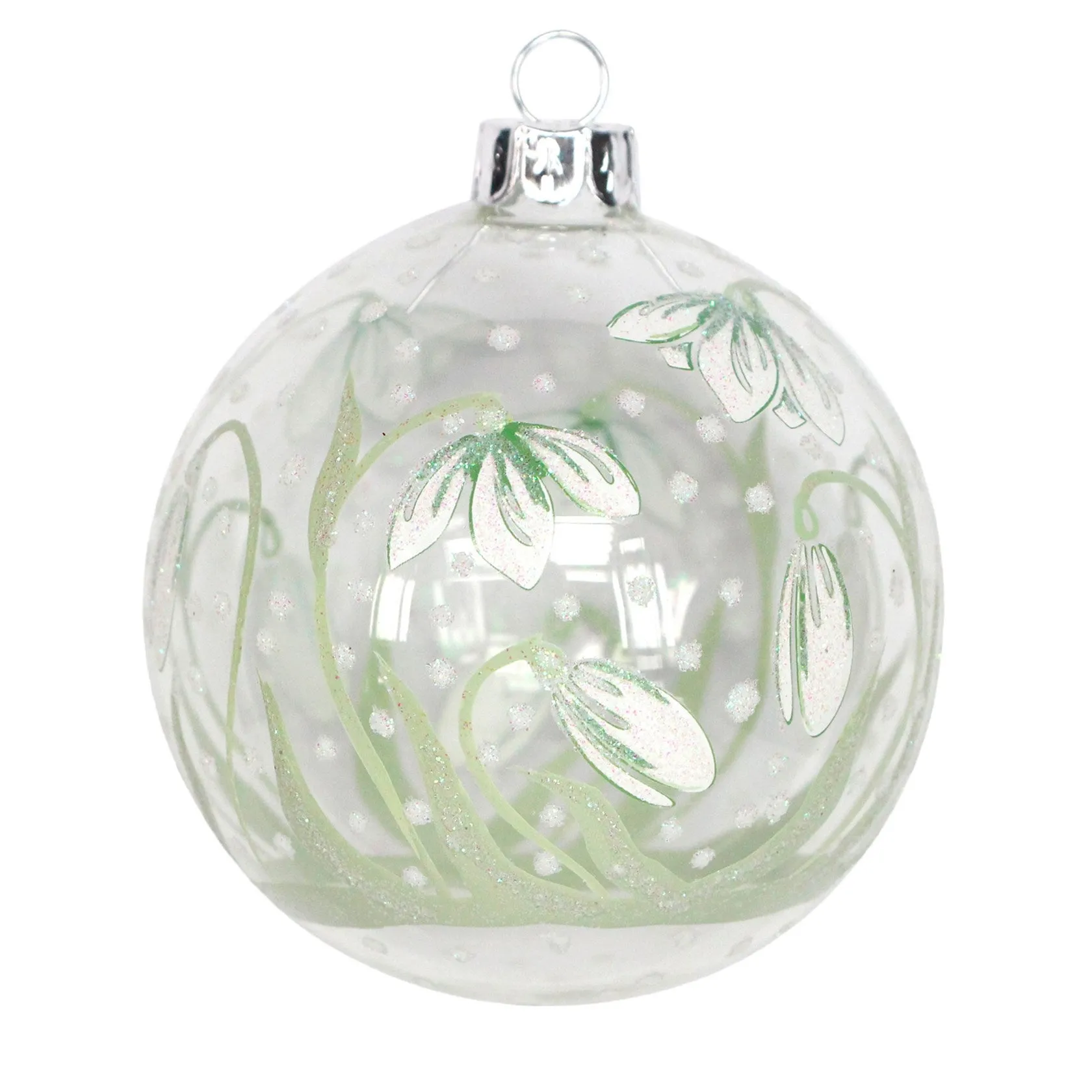 Gisela Graham 8cm Clear Green Vine White Petal Glass Bauble