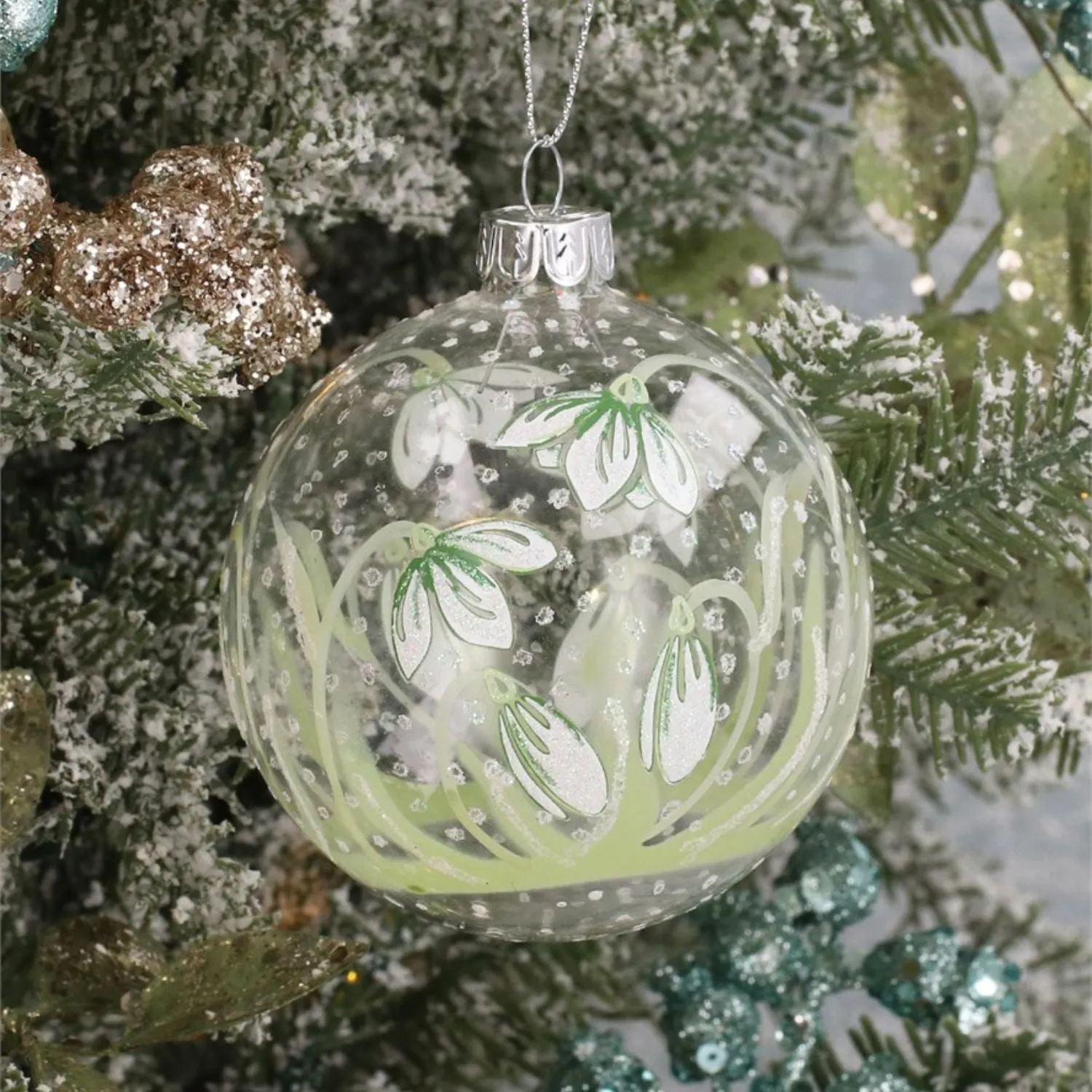 Gisela Graham 8cm Clear Green Vine White Petal Glass Bauble