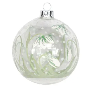 Gisela Graham 8cm Clear Green Vine White Petal Glass Bauble