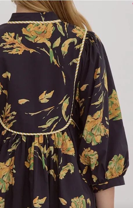 Golden Floral Black Dress