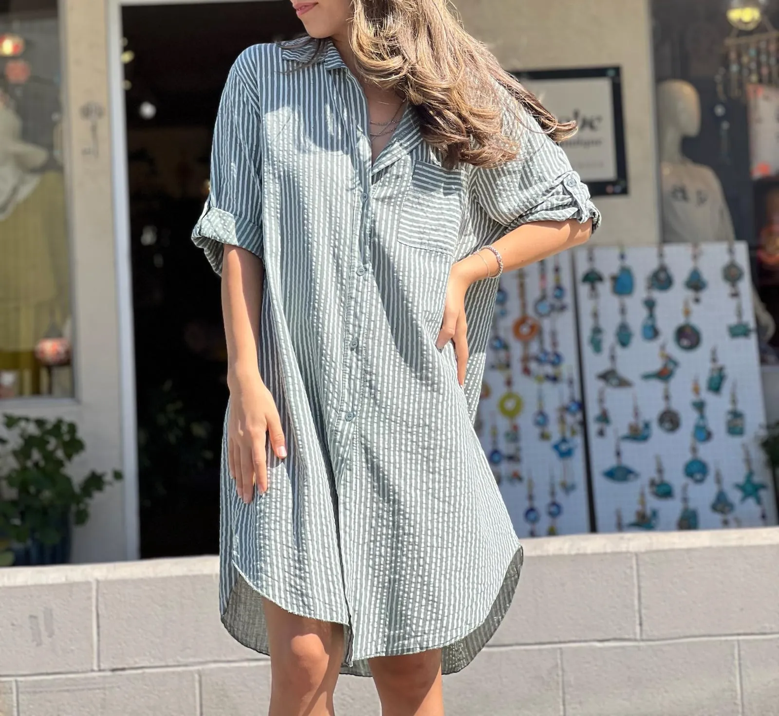 Green Striped Shirt Dress