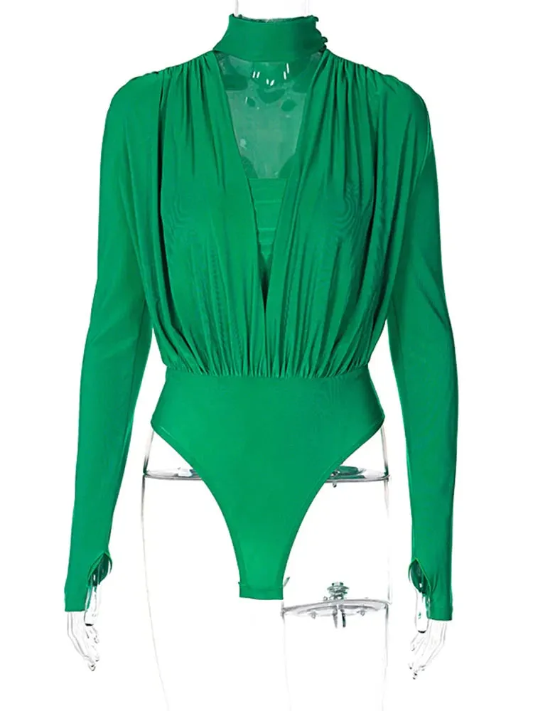 Halter Deep V-neck Long Sleeve Skinny Bodysuit
