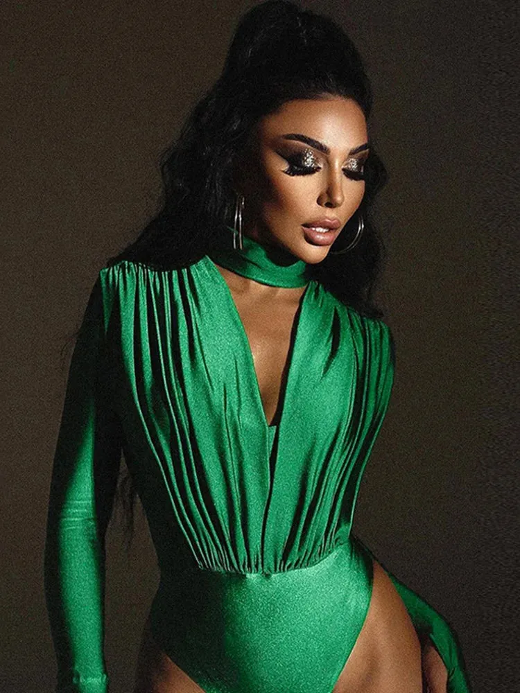 Halter Deep V-neck Long Sleeve Skinny Bodysuit