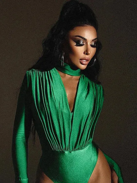 Halter Deep V-neck Long Sleeve Skinny Bodysuit