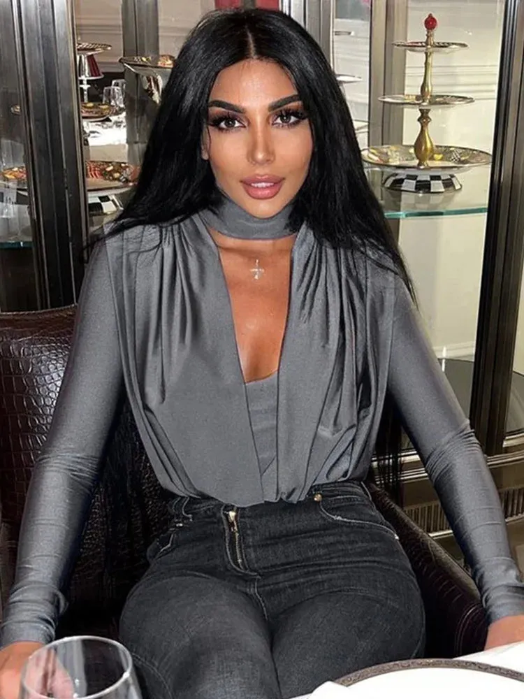 Halter Deep V-neck Long Sleeve Skinny Bodysuit