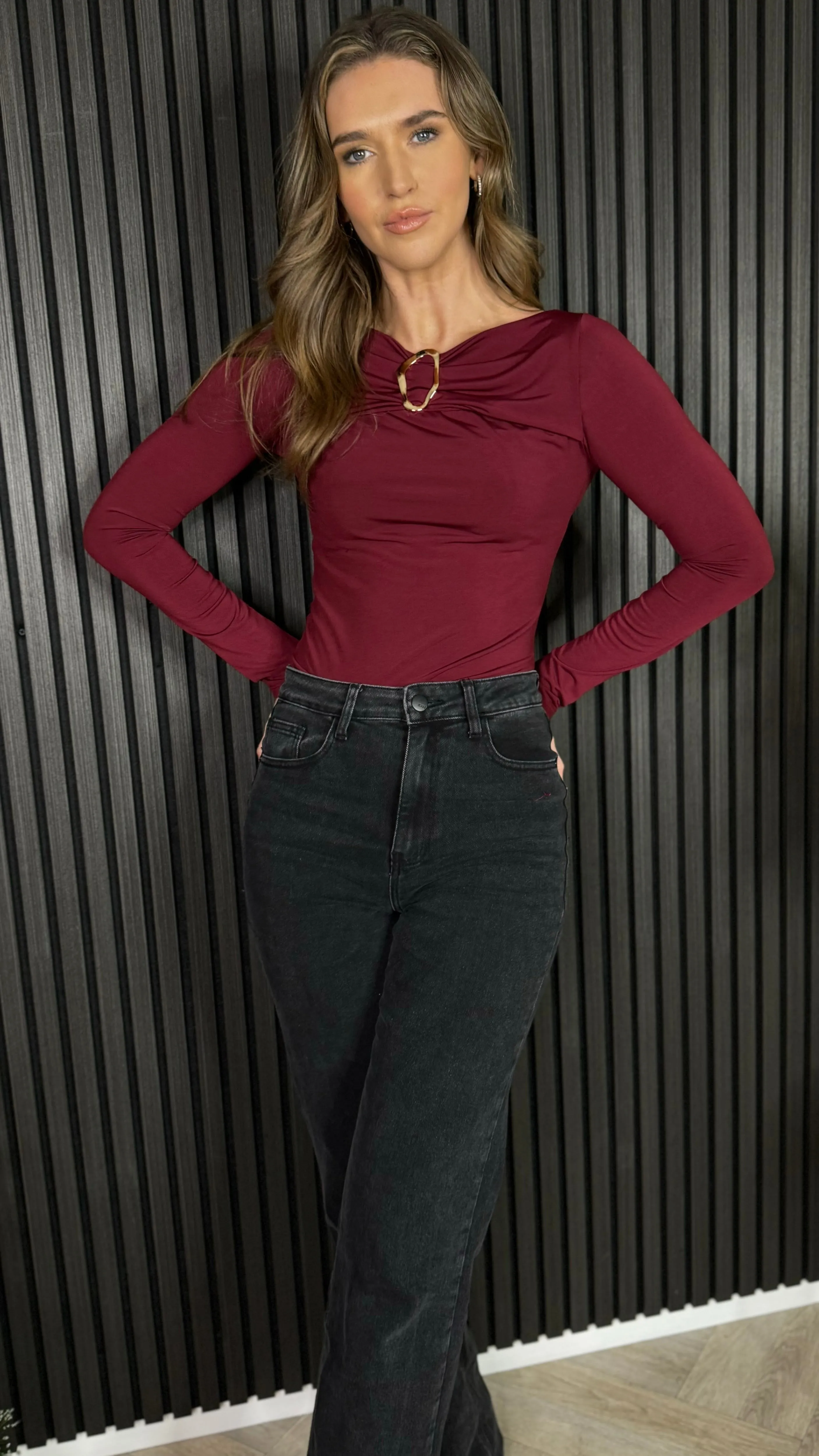 Helena Burgundy Gold Buckle Detail Bodysuit