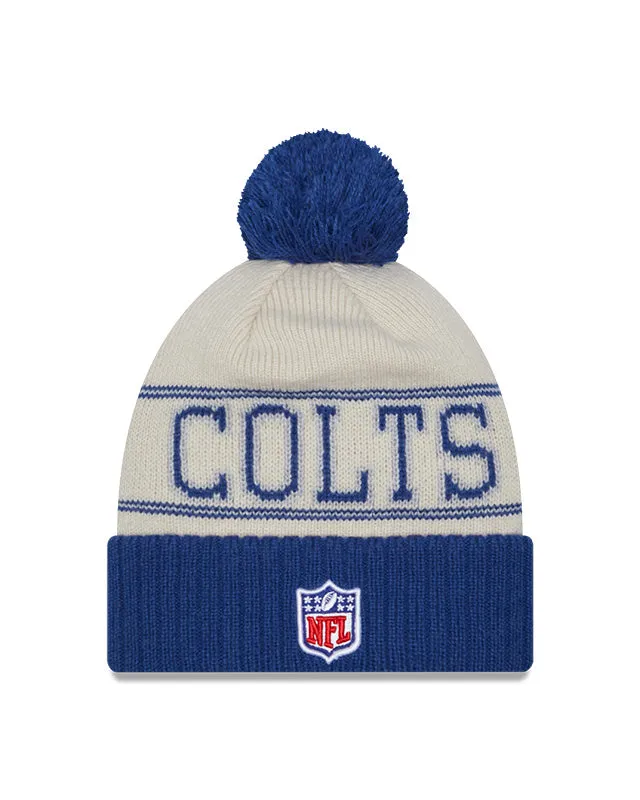 Indianapolis Colts New Era 2023 Sideline Historic Pom Cuffed Knit Hat - Cream/Royal