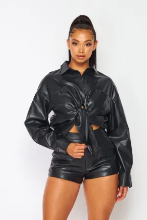 Kai Faux Leather PU Collar Shirt And Shorts Set