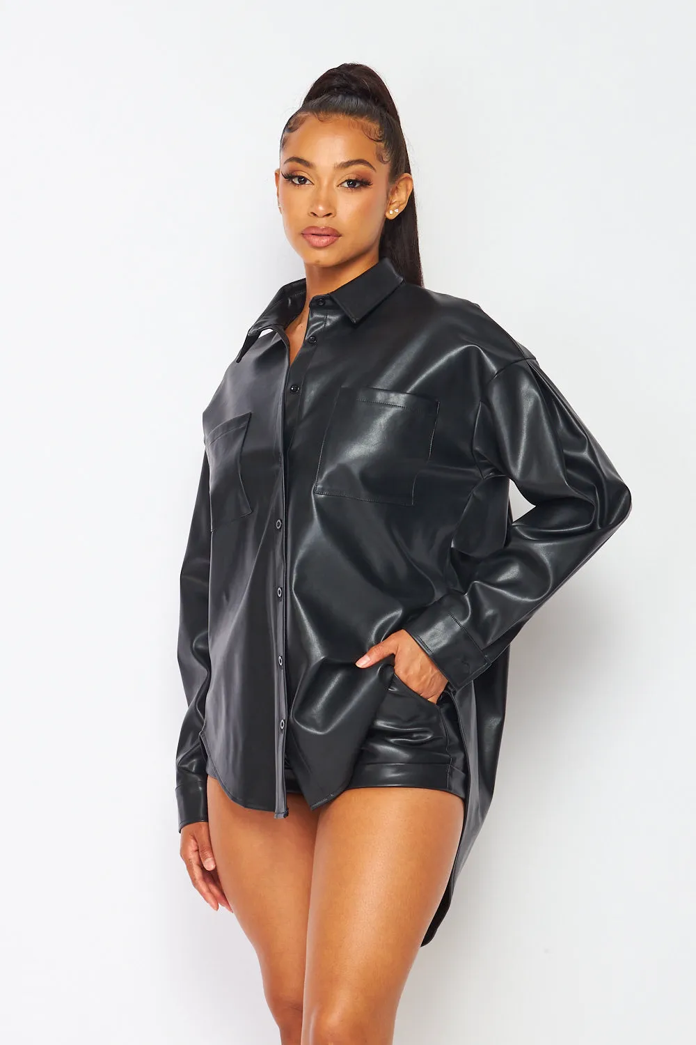Kai Faux Leather PU Collar Shirt And Shorts Set
