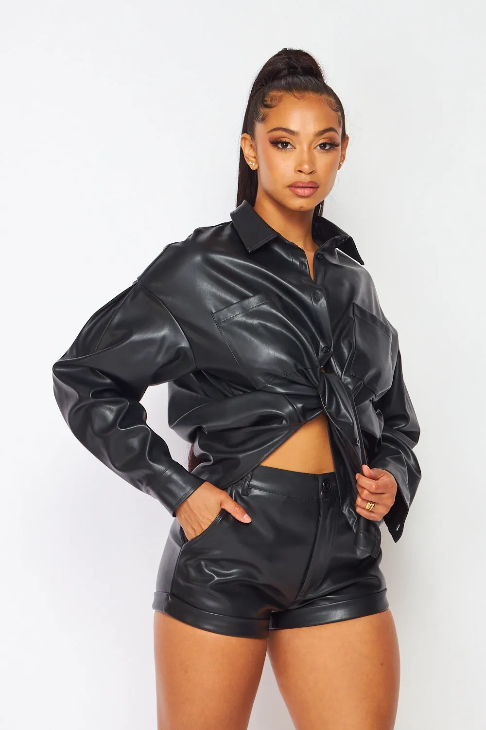 Kai Faux Leather PU Collar Shirt And Shorts Set