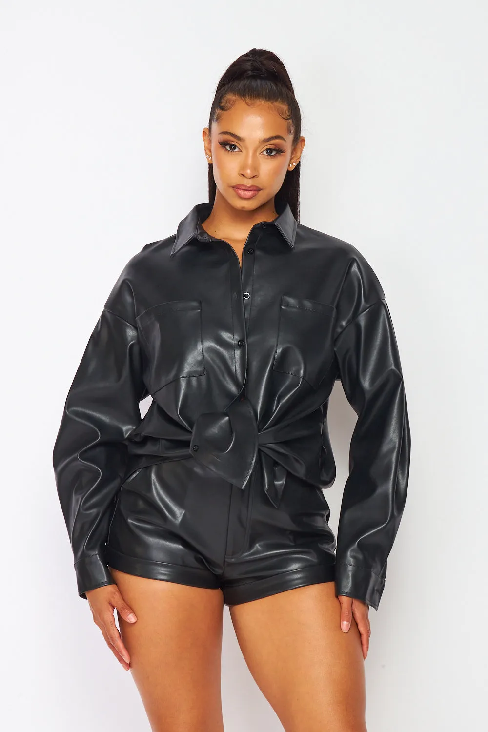 Kai Faux Leather PU Collar Shirt And Shorts Set