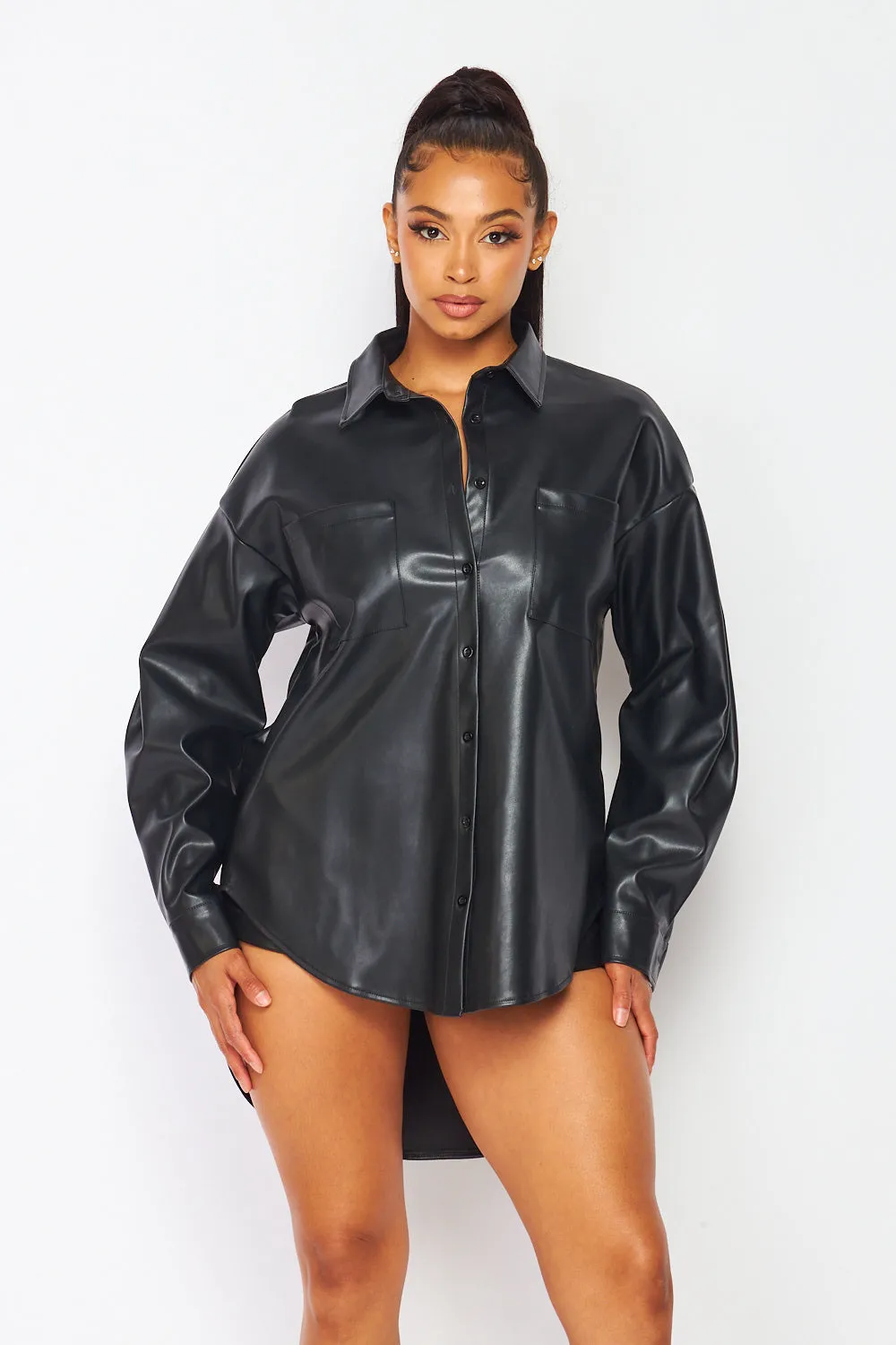 Kai Faux Leather PU Collar Shirt And Shorts Set