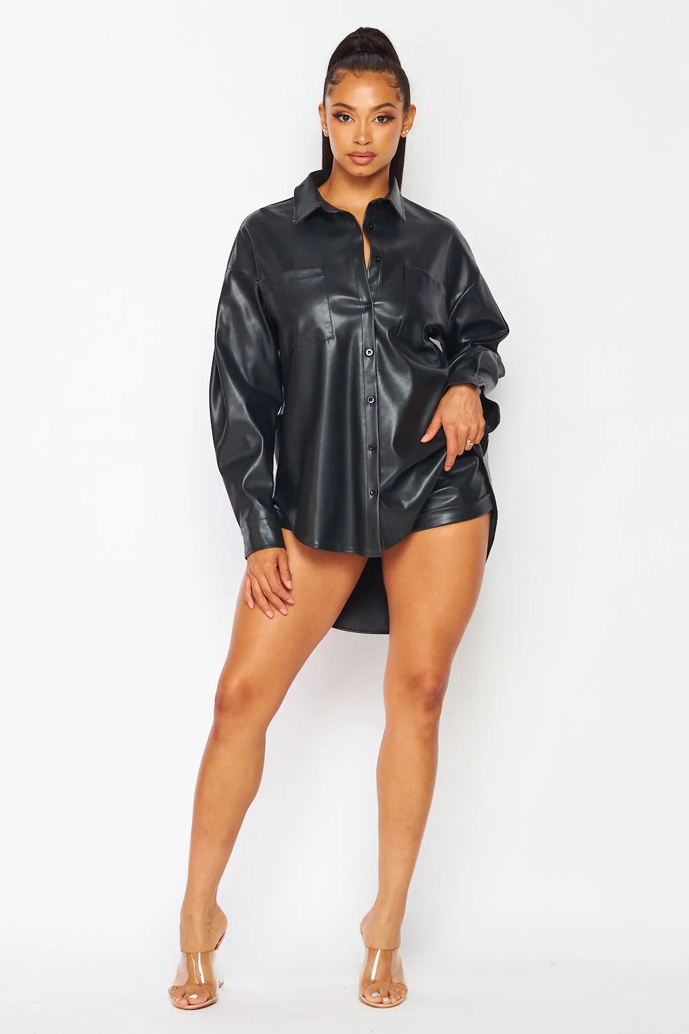 Kai Faux Leather PU Collar Shirt And Shorts Set