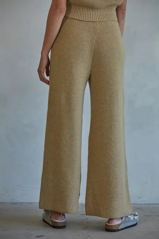 Knit Sweater Ribbed Wide Leg Waist Banded Pants Camel