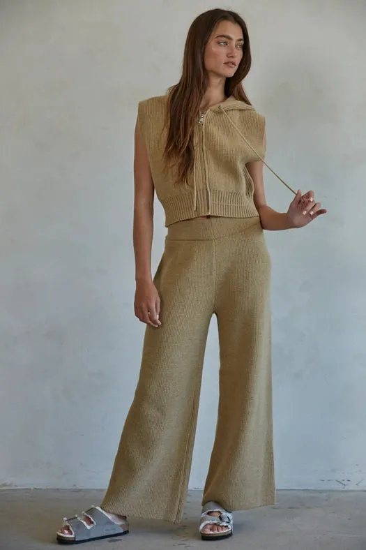 Knit Sweater Ribbed Wide Leg Waist Banded Pants Camel