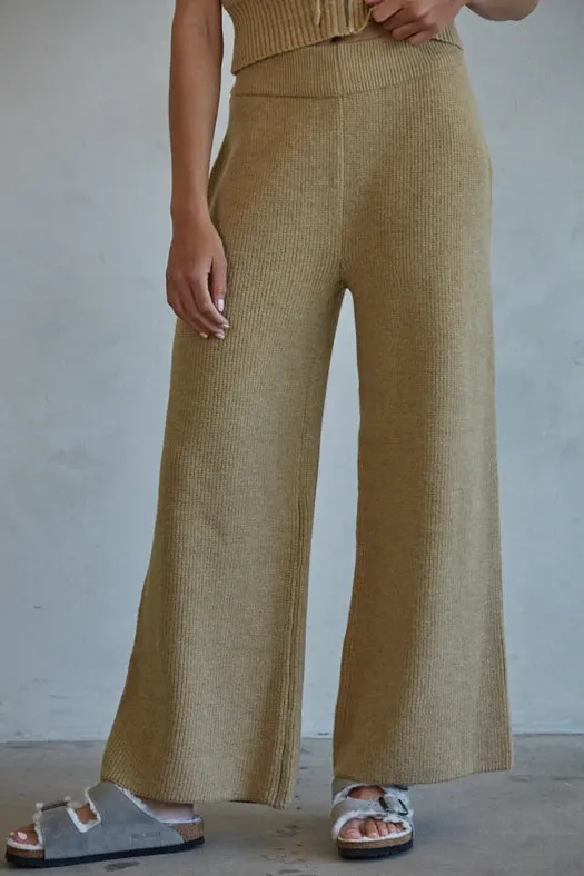 Knit Sweater Ribbed Wide Leg Waist Banded Pants Camel