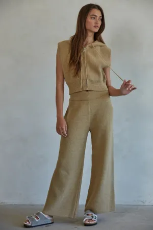 Knit Sweater Ribbed Wide Leg Waist Banded Pants Camel