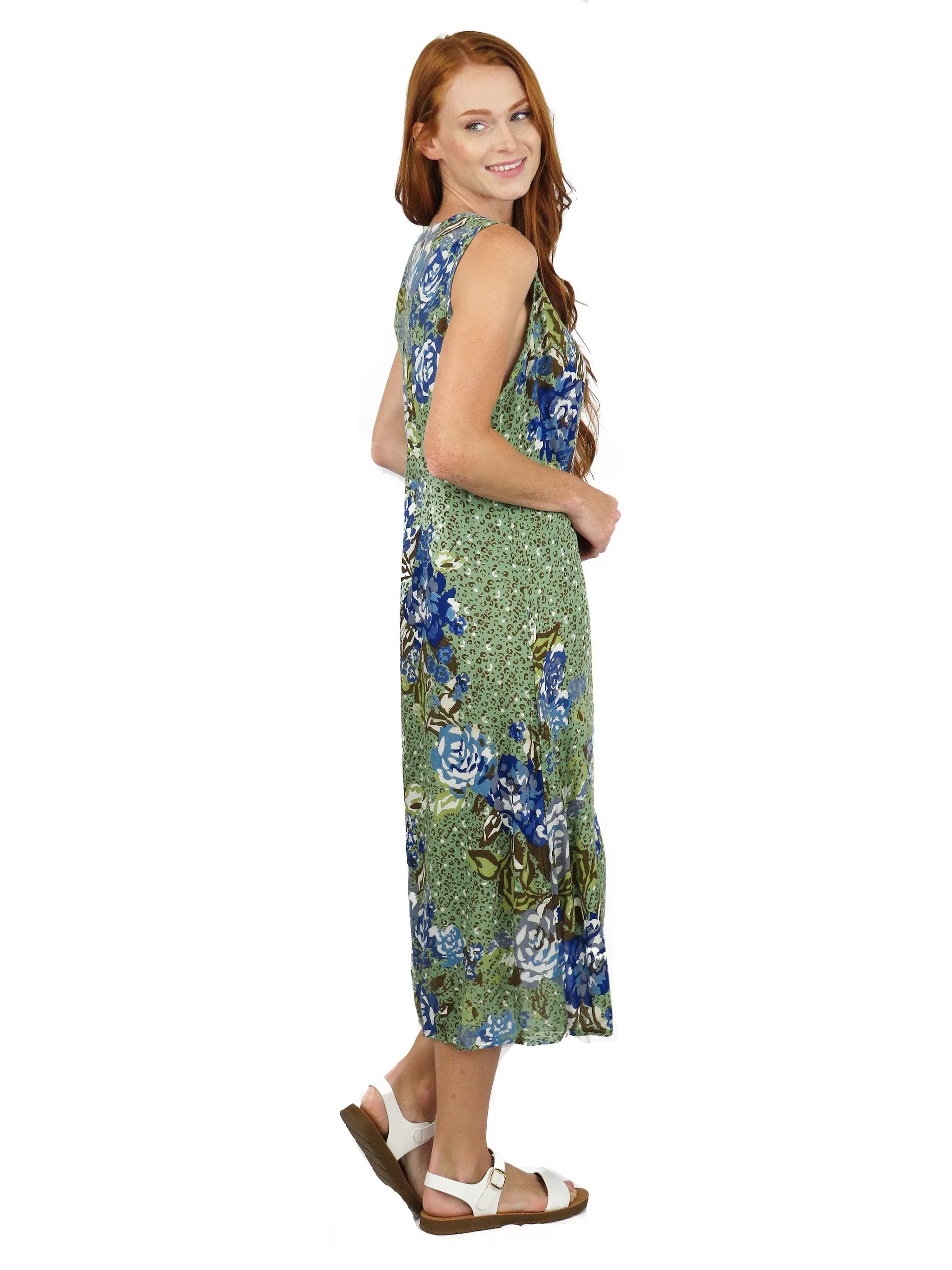 La Cera Sleeveless V-Neck Artistic Floral Dress