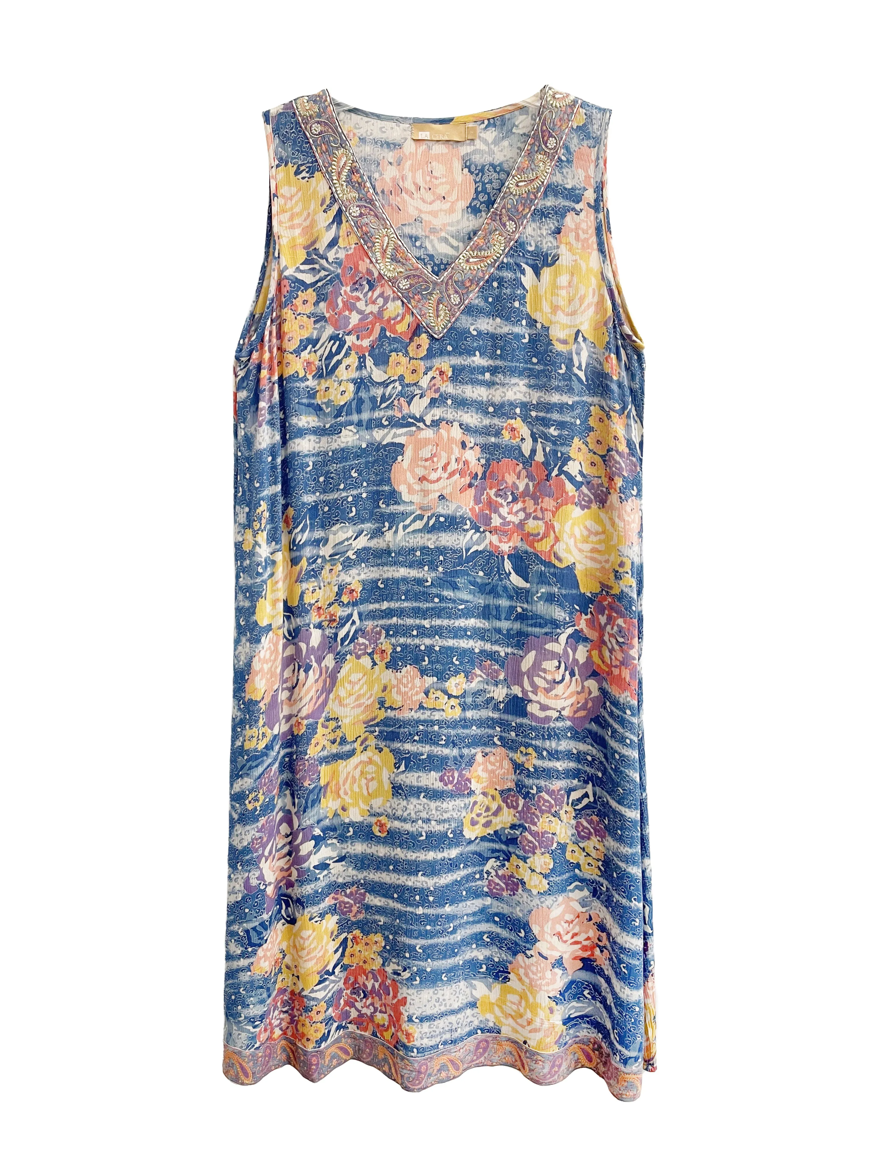 La Cera Sleeveless V-Neck Artistic Floral Dress