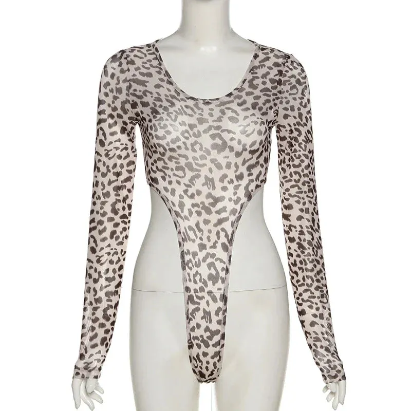 Leopard Print Skinny Long Sleeve U-neck Bodysuit
