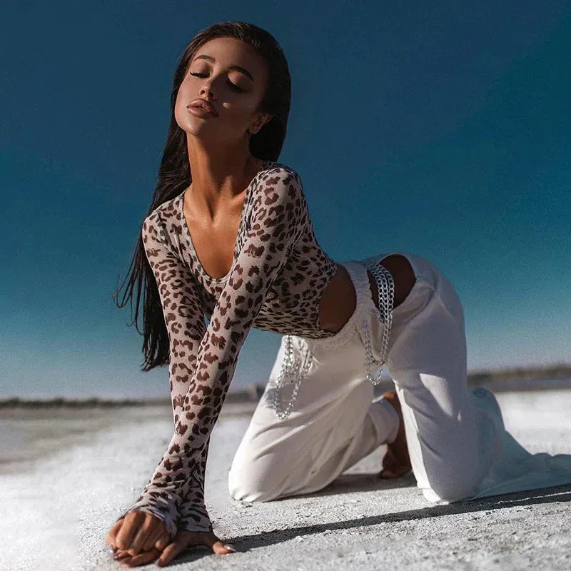 Leopard Print Skinny Long Sleeve U-neck Bodysuit